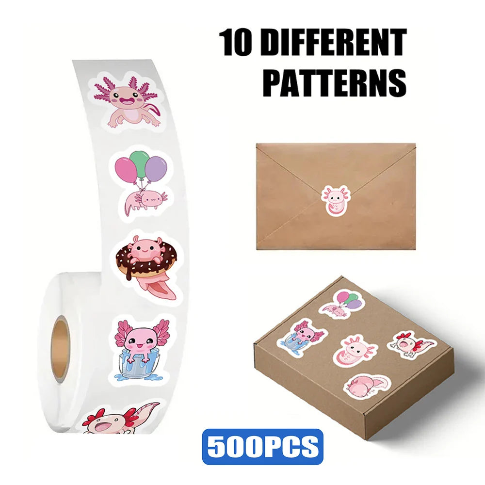500pcs Axolotl Stickers Roll Cartoon Animal Decals for Kids Scrapbook Laptop