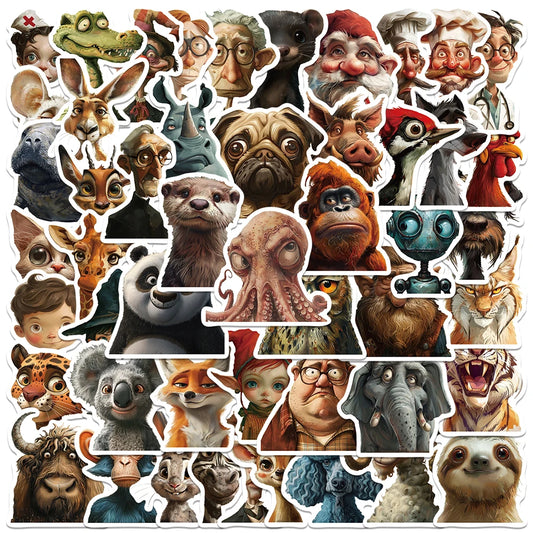 50pcs Funny Cartoon Weird Animals Portrait Stickers Laptop Water Bottle Aesthetic Decals Luggage Guitar DIY Waterproof Graffiti