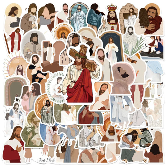 52pcs Aesthetic Jesus Stickers Cartoon Art Faith Stickers For Laptop Water Bottle Luggage Notebook Waterproof Vinyl Car Decals