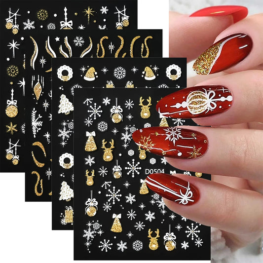 3D Gold Christmas Nail Stickers: Snowflake & Elk Design