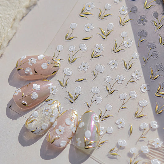 Vintage Floral Nail Art Stickers: Gold, Daisy, Tulip Design
