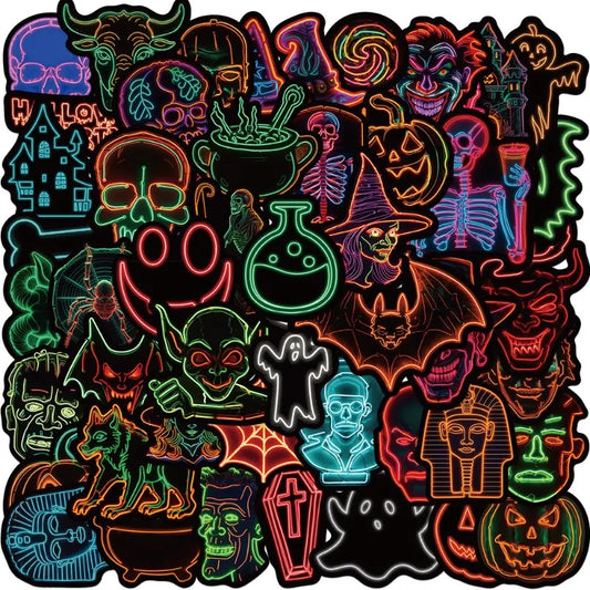 50pcs Halloween Neon Cartoon Stickers for Suitcase, Water Cup, Phone, Laptop, Car, Scooter, Refrigerator