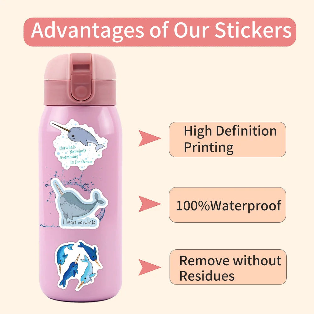 10/30/60PCS Cute Narwhal Stickers Kawaii Marine Organism Decals Cartoon stickers Toy DIY Scrapbook Luggage Guitar Car Bike Toy