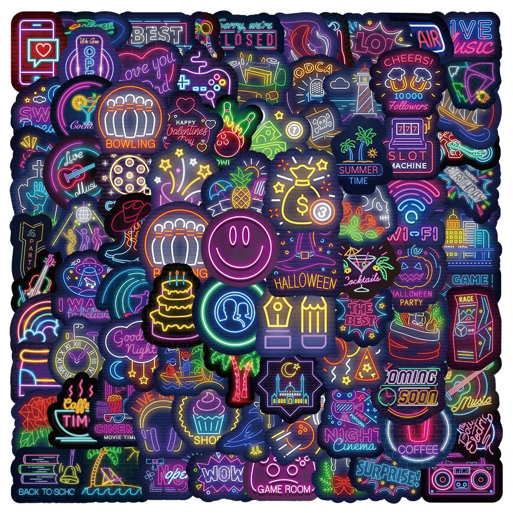 Cartoon Neon Light Graffiti Stickers Decals for Laptop Phone Suitcase Fridge - 10/30/50/100pcs