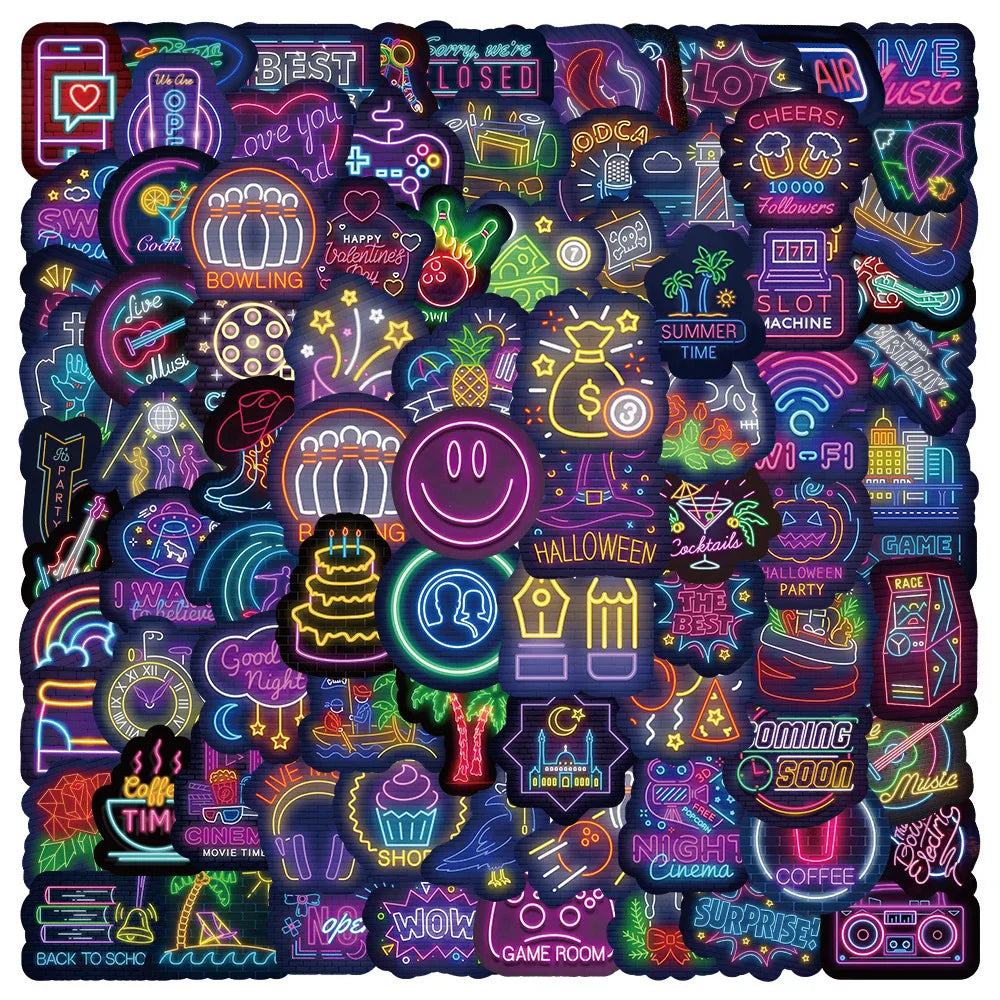 Cartoon Neon Light Graffiti Stickers Decals for Laptop Phone Suitcase Fridge - 10/30/50/100pcs