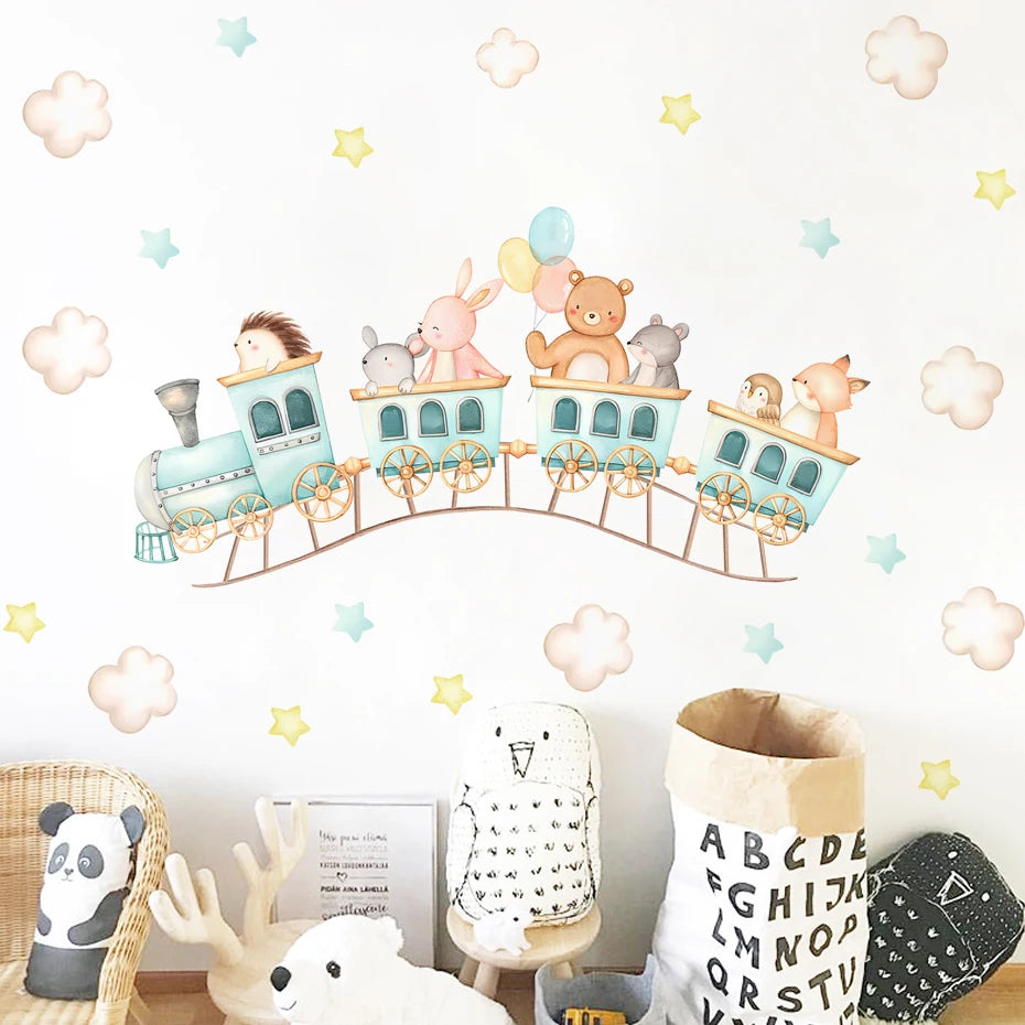 Cartoon Animal Train Wall Stickers for Kids Nursery Bedroom Decals