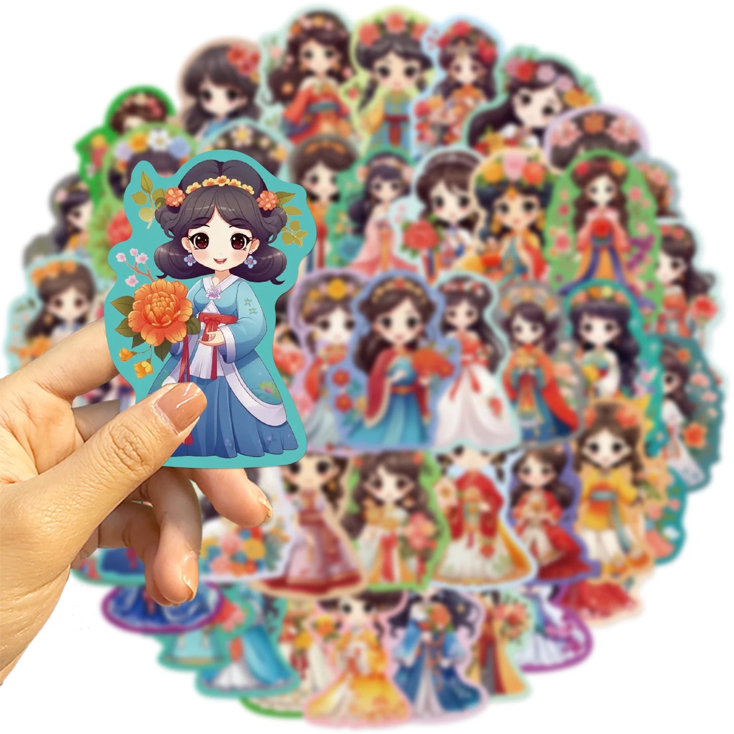 50Pcs Q Version Chinese Ancient Costume Flower Princess Girl Sticker for Kids Toy Decoration Guitar Luggage DIY Waterproof Decal