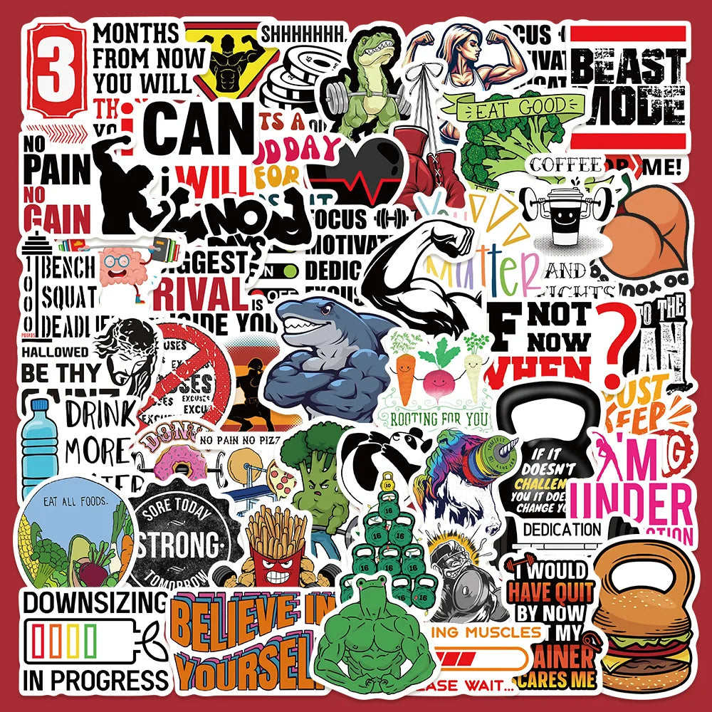 50pcs Fitness Quote Graffiti Stickers for Helmet, Wall, DIY Decor
