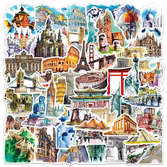 World Landmark Stickers: 10/30/50pcs Travel Decal Set for Notebook, Suitcase, Wall