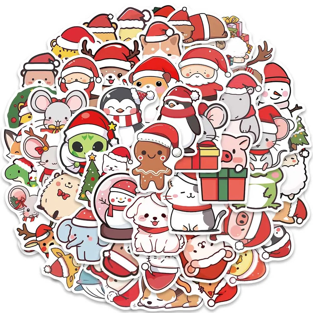 50pcs Cute Cartoon Merry Christmas Animals Stickers For Laptop Water Bottle Luggage Guitar Waterproof Graffiti Vinyl Decals