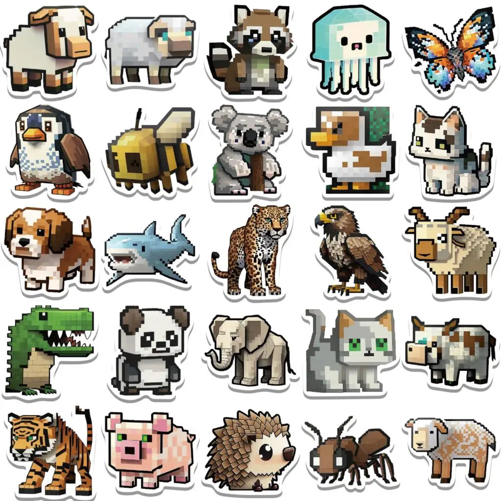 50PCS Cartoon Zoo Pixel Wind Wild Animals Stickers Kawaii Dog Pig DIY Kids Toys Phone Skateboard Laptop Graffiti  Decals