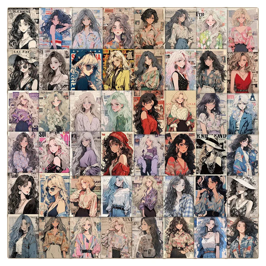 Vintage Anime Girl Stickers - Cute Decals for Laptop, Phone, Suitcase, Scrapbook, Wall Decor (10/30/60pcs)