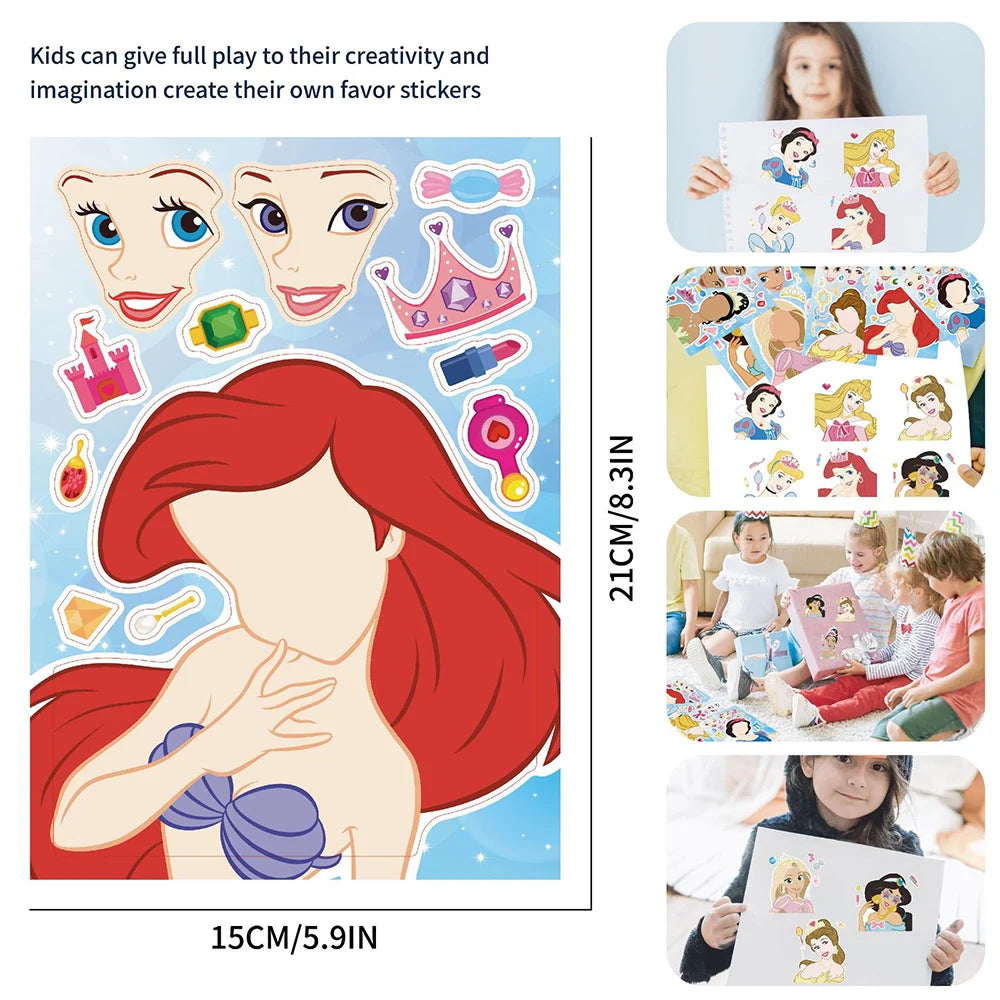 8/16Sheets Disney Princess Children Puzzle Stickers Make-a-Face Funny Cartoon Decal Assemble Jigsaw Children Education Toy Gift