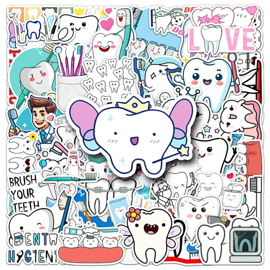 Teeth Care Cartoon Stickers: Oral Health, Funny Graffiti, DIY Decoration for Laptop, Phone, Guitar, Bike (10/30/50pcs)