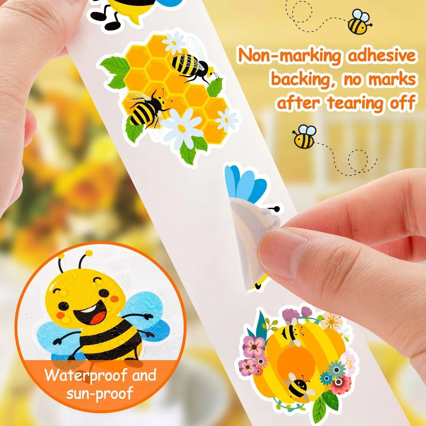 500Pcs /1 Rolls 2.5cm/1inch Yellow Bee Flower Shaped Sticker Decoration Gift Box Sticker Label Stationery Sticker