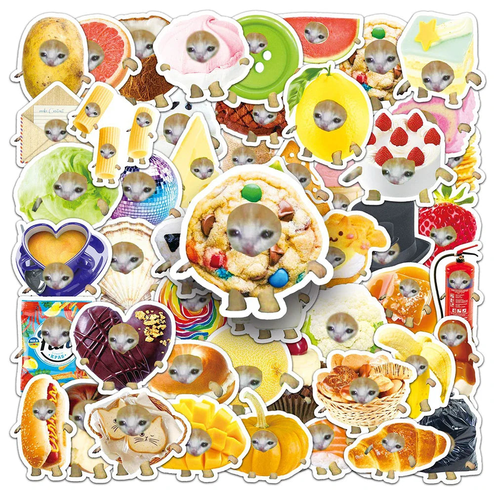 Kawaii Cat Food Meme Stickers Decals for Laptop, Luggage, Phone, Bike, Fridge - 10/30/50pcs