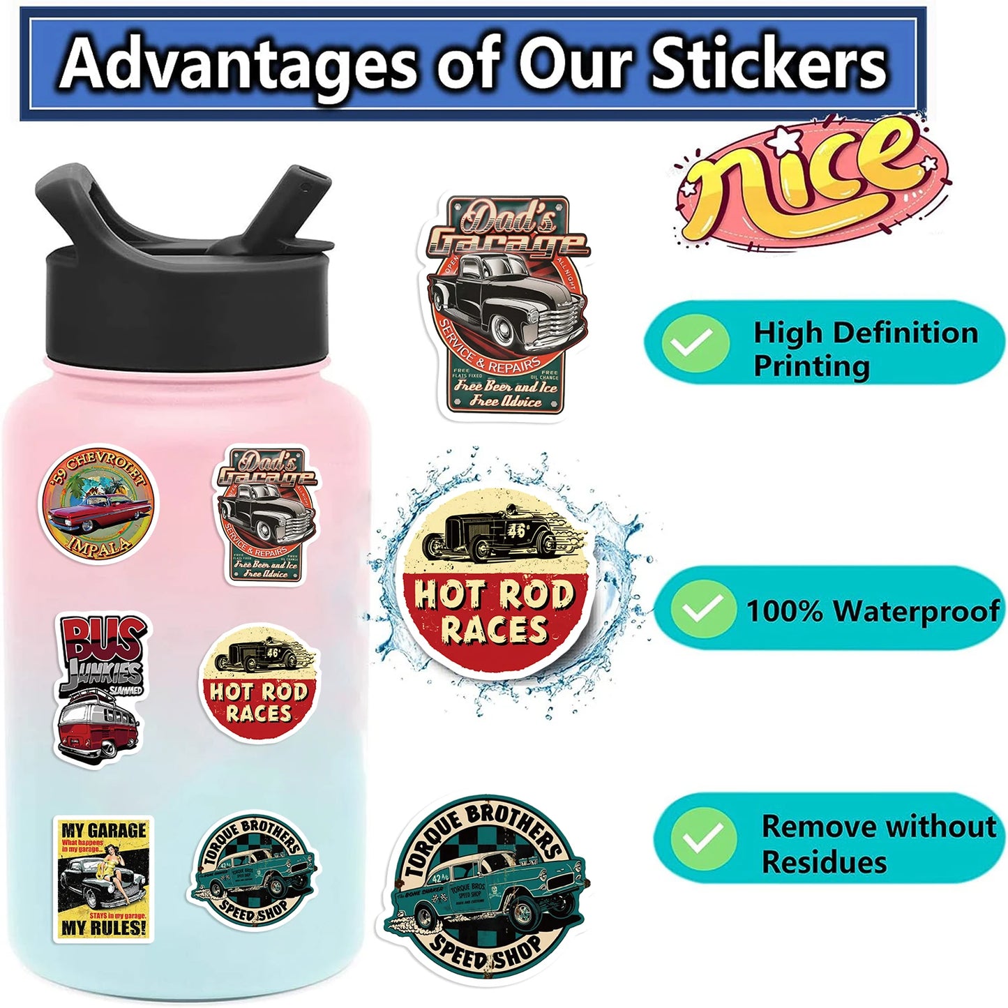 50PCS Cartoon Retro Classic Car Sticker Graffiti Waterproof Creative Trendy For Skateboard Water Cup Personalized Decal Stickers