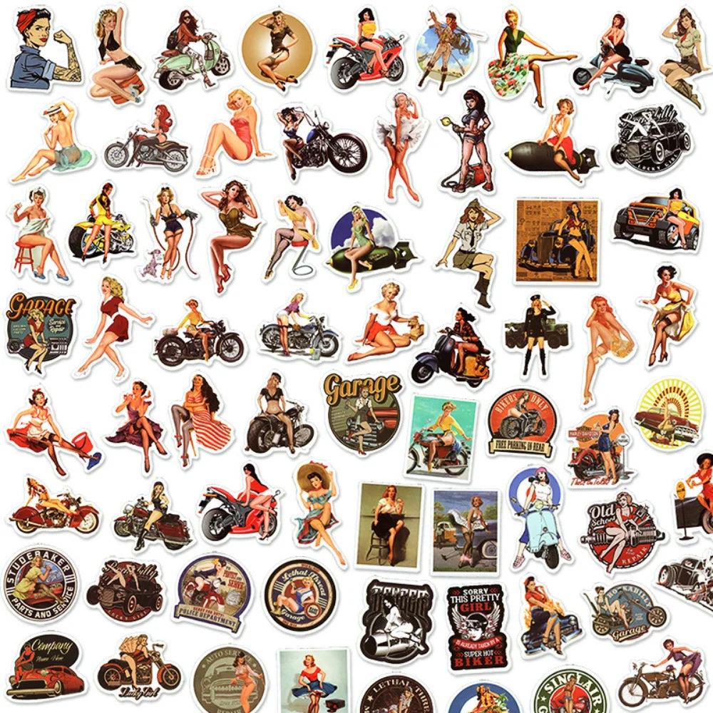 50/100Pcs Retro Sexy Pin Up Girl Graffiti Street Punk Motorcycle Girl Stickers Suitcase Laptop Waterproof Sticker Decoration