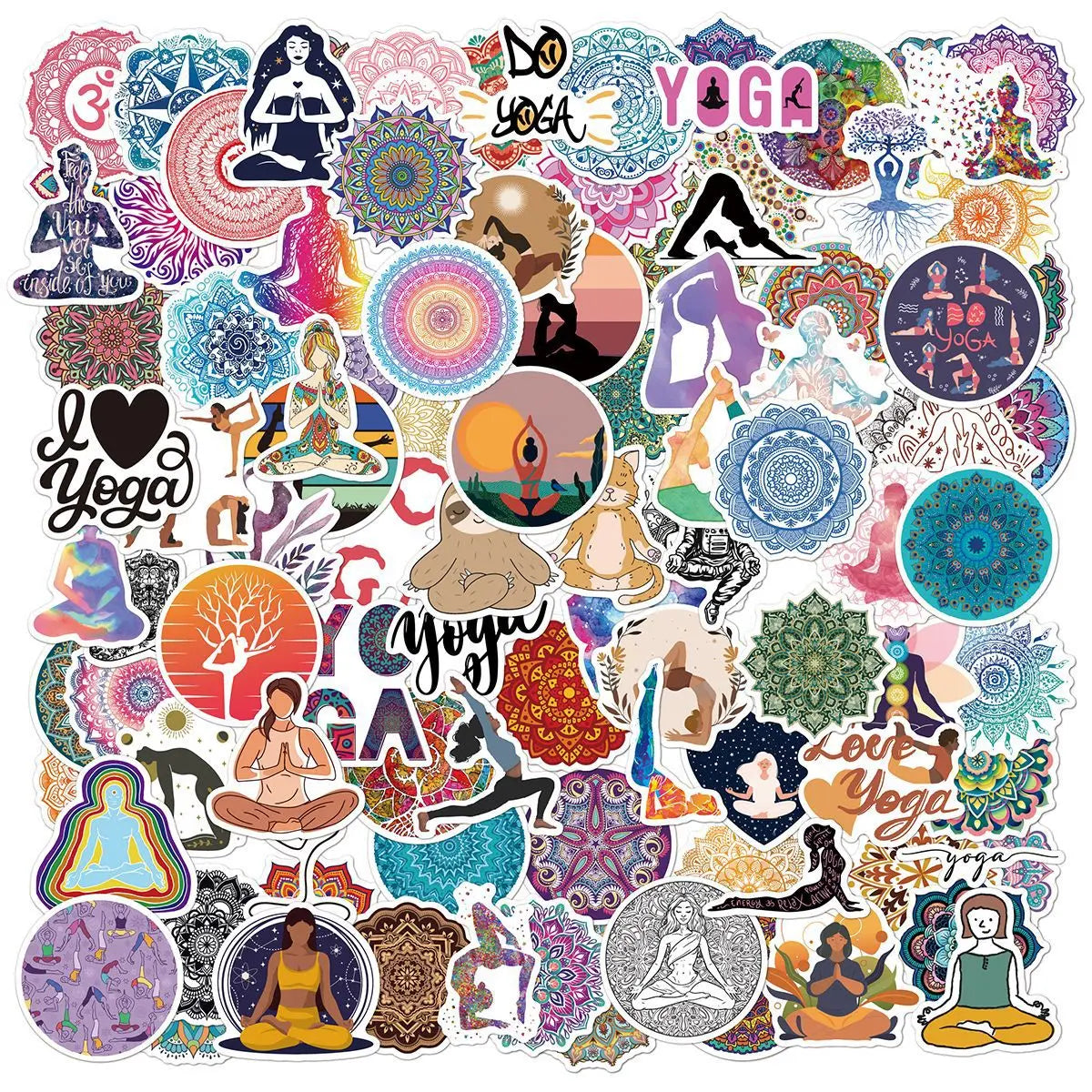 50pcs Mandala Yoga Cartoon Stickers for Scrapbook, Phone, Laptop, Water Bottle, Luggage, Car, Helmet