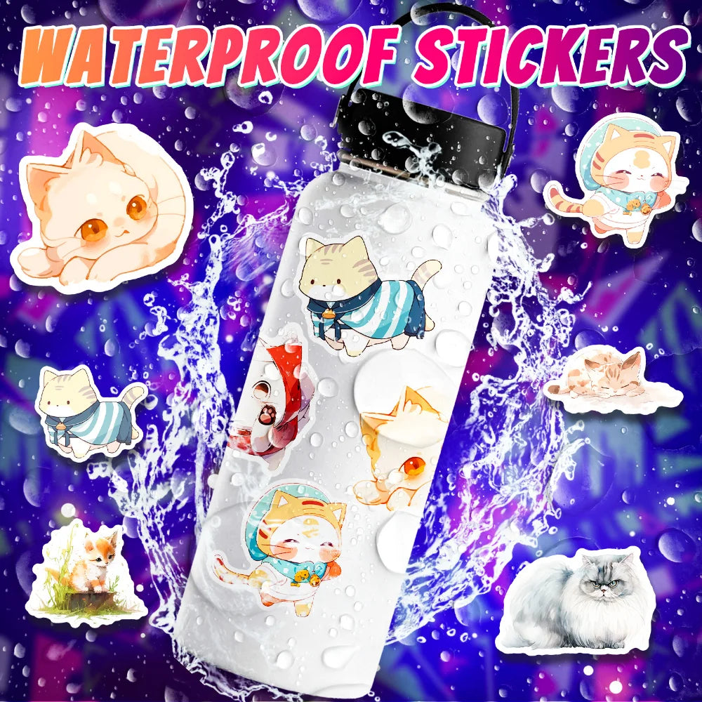 50Pcs Kawaii Painting Watercolor Cat Stickers Pack for Kids Cartoon Cute Graffiti Decals Scrapbooking Luggage Laptop Sticker