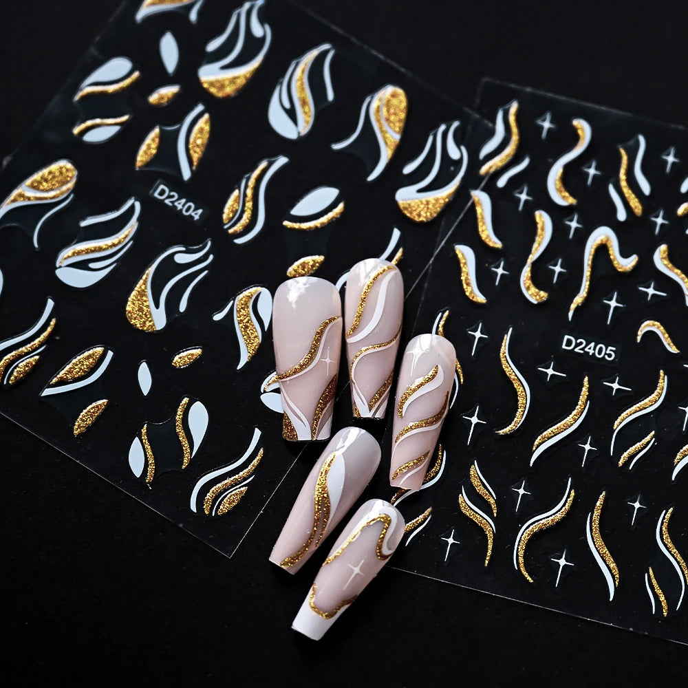 Glitter French Line Nail Stickers Gold White Stripes Decals