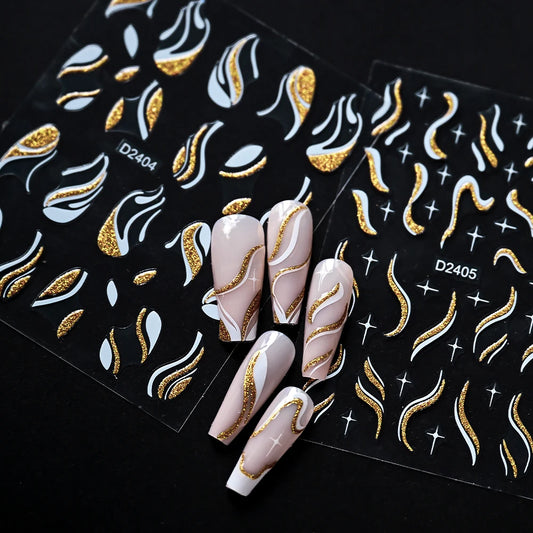 Glitter French Line Nail Stickers Gold White Stripes Decals