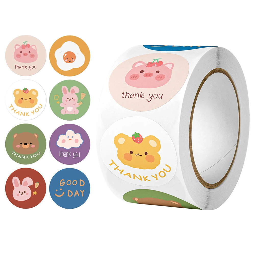 100-500PCS  Round Cartoon Thank You Stickers Cute Sun Rainbow Clouds animals Sticker For Gift Decor Labels Kids Reward Sticker