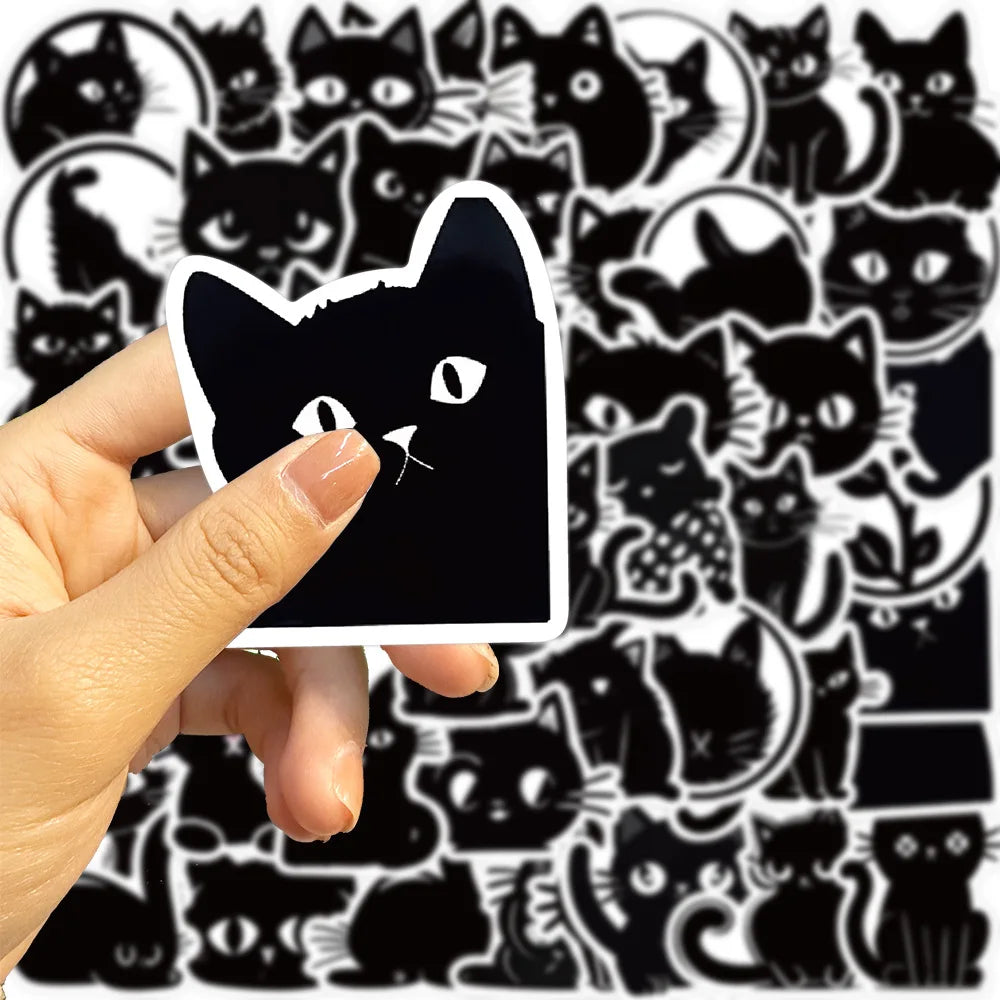 10/30/50PCS Black Cartoon Cat Sticker Kids Toys Waterproof Skateboard Fridge Bike Skateboard Phone Laptop DIY Decorative Decals