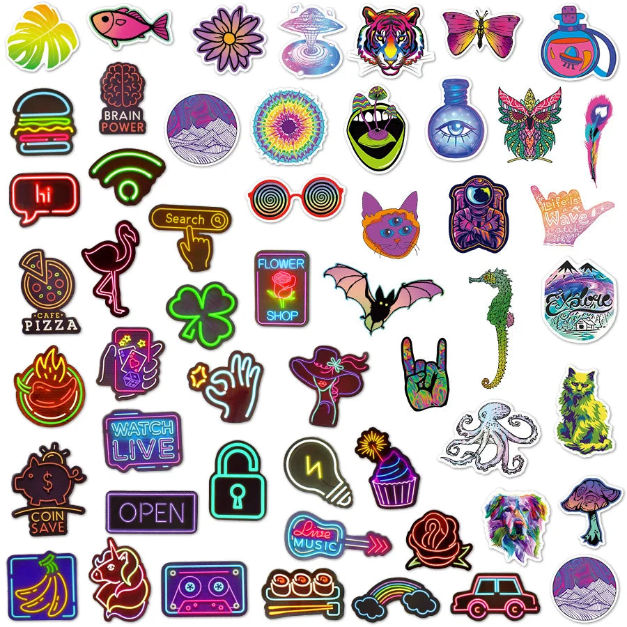 110Pcs Psychedelic Mushroom Stickers Neon Light Waterproof Stickers Suitable for Laptop Helmets Bicycles Children's Gift Sticker