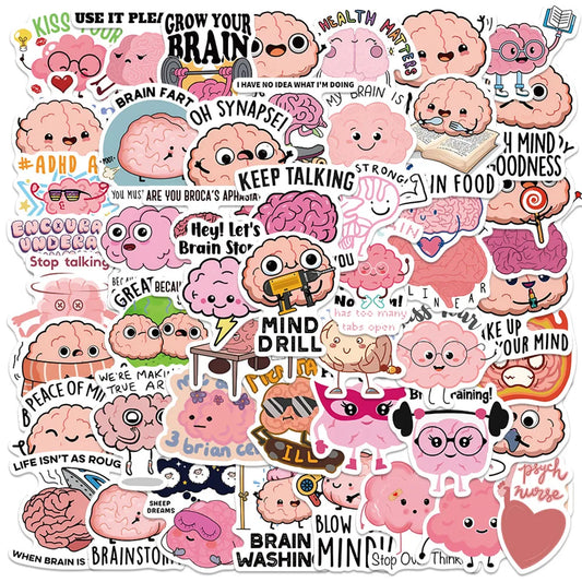 50pcs Funny Water Bottle Stickers Cute Cartoon Brain Stickers For Laptop Luggage Guitar Phone Bicycle Waterproof Vinyl Decals