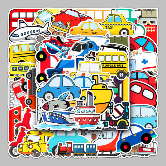 50pcs Cute Cartoon Vehicle Stickers for Helmet Wall Decoration