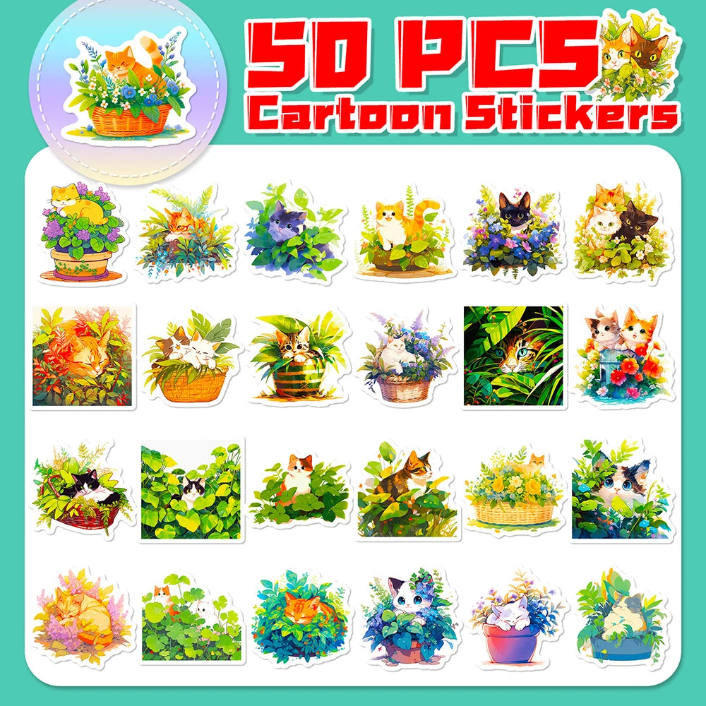 10/30/50PCS Cartoon Plant Cat Stickers Cute Animals Decals Decoration DIY Phone Notebook Laptop Luggage Helmet Car Sticker Toys