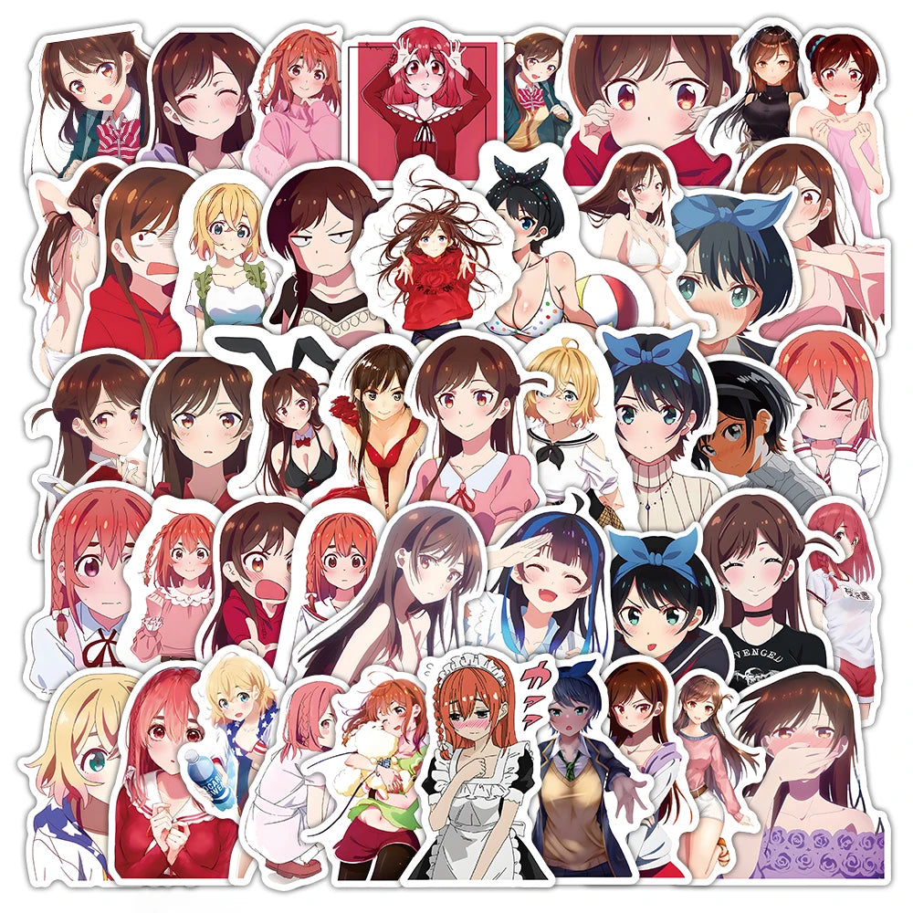 53pcs Rent A Girlfriend Stickers for Helmet, Wall, Desktop Decoration with Storage Box