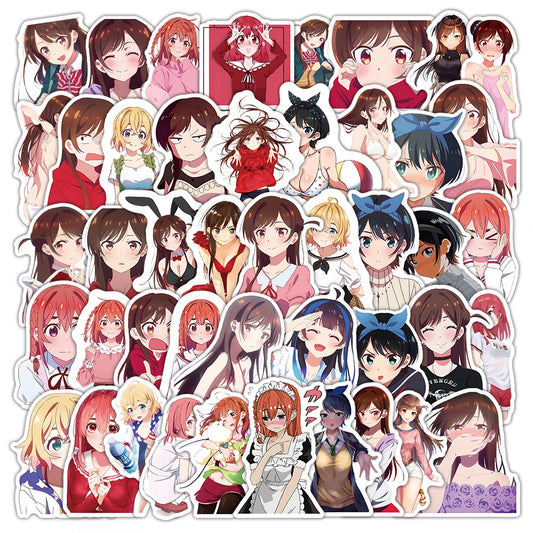 53pcs Rent A Girlfriend Stickers for Helmet, Wall, Desktop Decoration with Storage Box