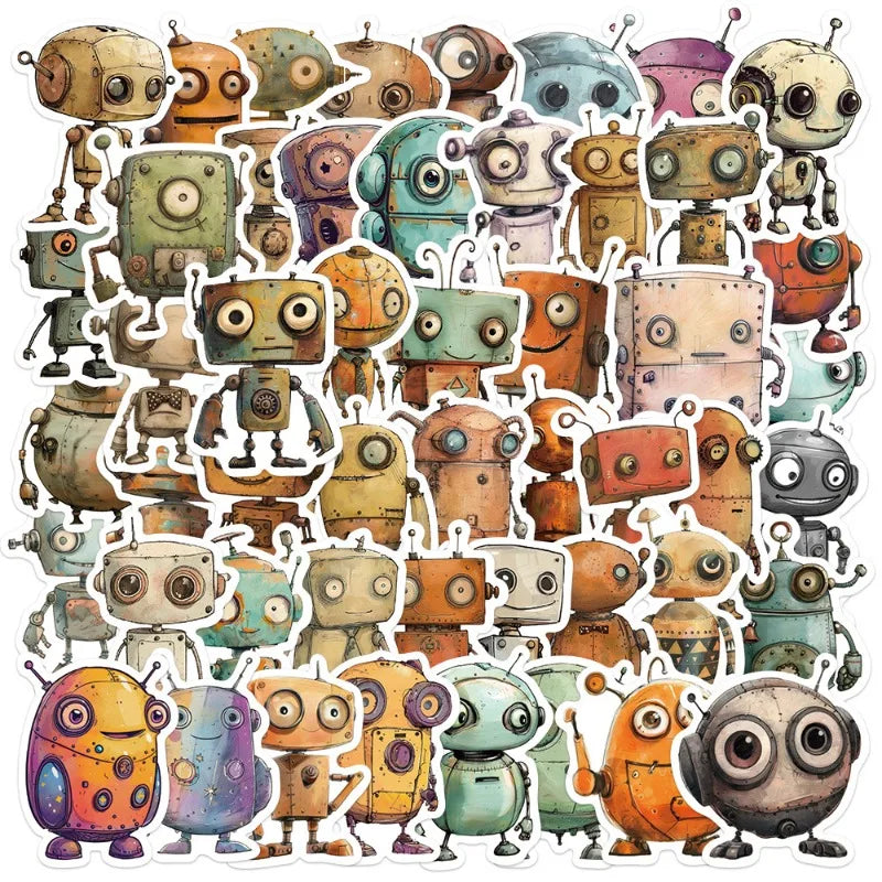 50pcs Cute Robot Stickers for Luggage, Water Bottles, Phones, Laptops, Scooters, Refrigerators
