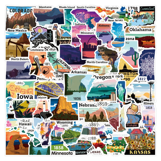 US Map Cartoon Graffiti Stickers Waterproof Decals for Scrapbook, Skateboard, Suitcase, Motorcycle, Water Bottle (10/30/50pcs)