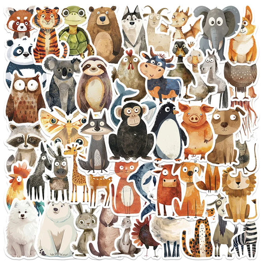 50pcs Cute Cartoon Watercolor Animals Stickers For Laptop Water Bottle Luggage Notebook Waterproof Graffiti Vinyl Decals