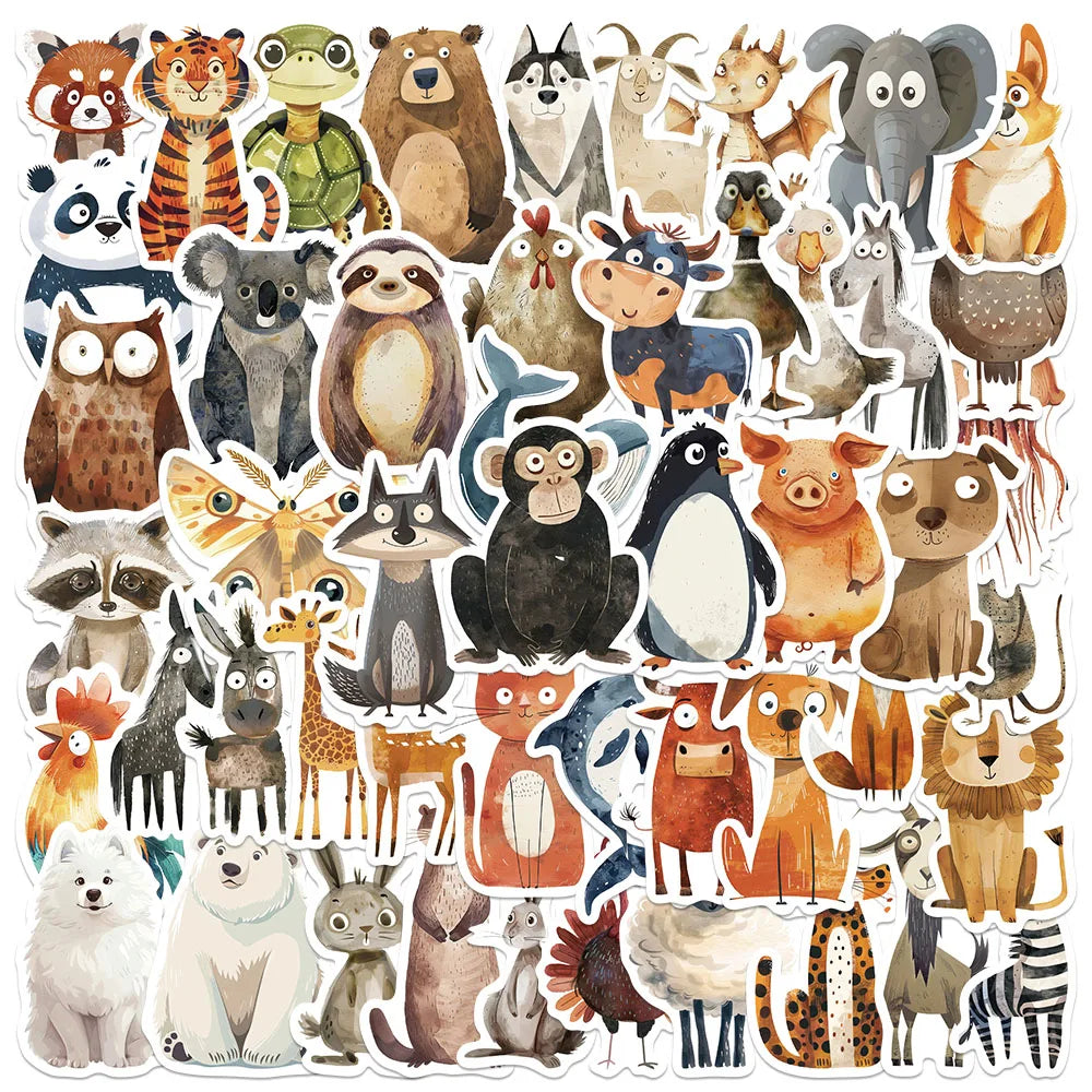 50pcs Cute Cartoon Watercolor Animals Stickers For Laptop Water Bottle Luggage Notebook Waterproof Graffiti Vinyl Decals
