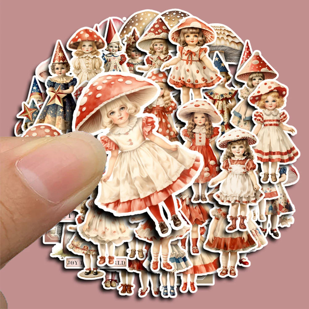 10/30/50pcs Cute Retro Mushroom Head Girl Cartoon Stickers Decals Notebook Laptop Phone Suitcase Stationery Sticker Kids Toys