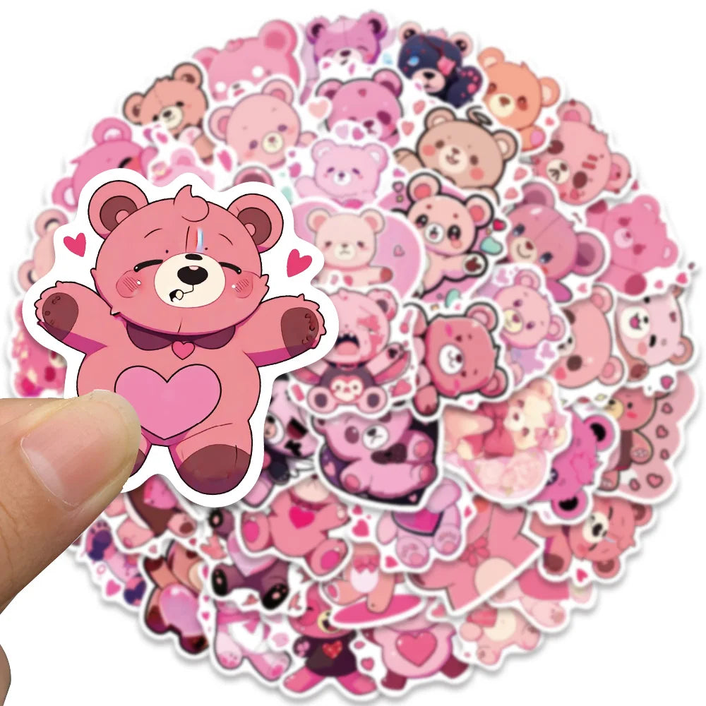 50pcs Cute Cartoon Love Heart Bear Stickers Kids Toy Vinyl Laptop Decals Luggage Phone Diary Guitar Car Waterproof Graffiti