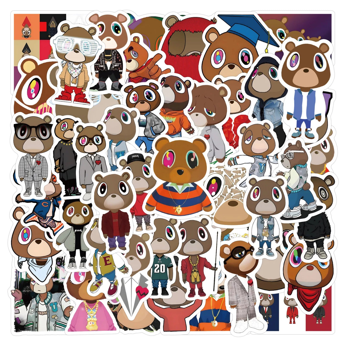 10/30/60PCS Kanye Graduation Bear Stickers Funny Cartoon DIY Decoration Scrapbook Luggage Laptop Guitar Car Bike Graffiti Decals