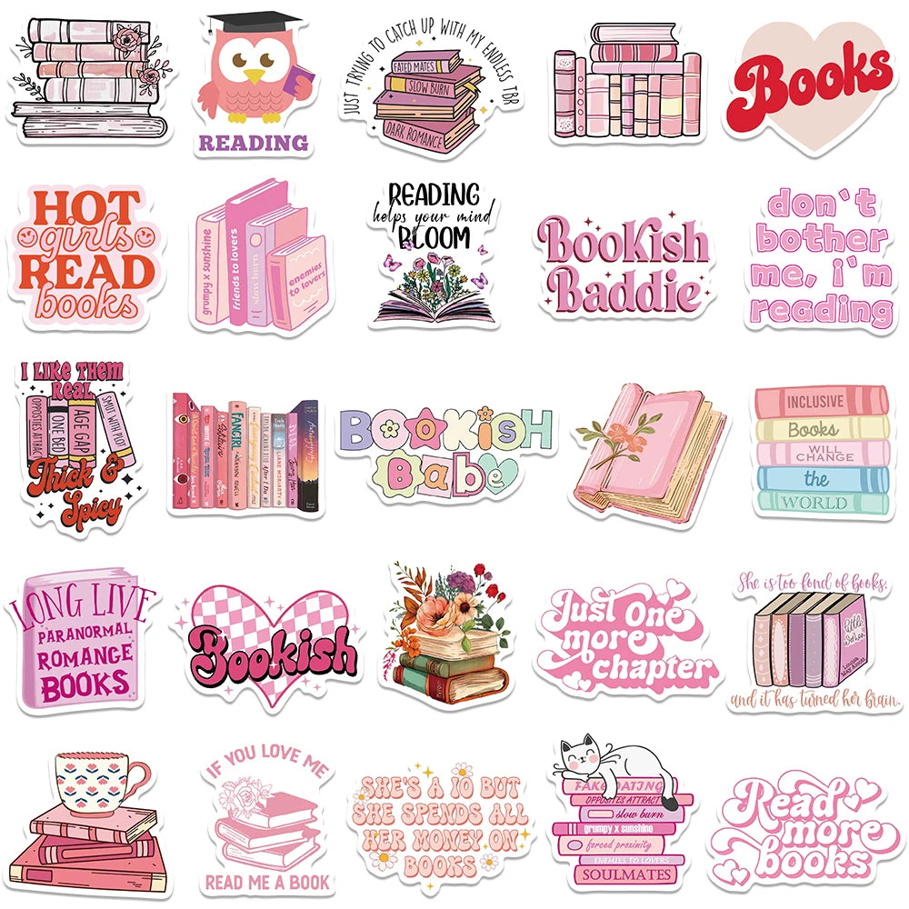 50PCS Pink Smut Bookish Reader Love Cute Girls Sticker Aesthetic Decoration for Kindle Ipad Phone Laptop Diary Decor Sticker