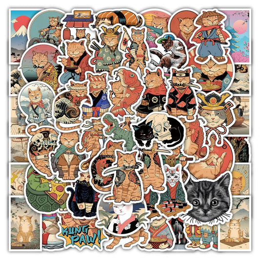 Anime Samurai Cat Stickers Pack - Cute Cartoon Decals for Phone, Laptop, Luggage, Skateboard