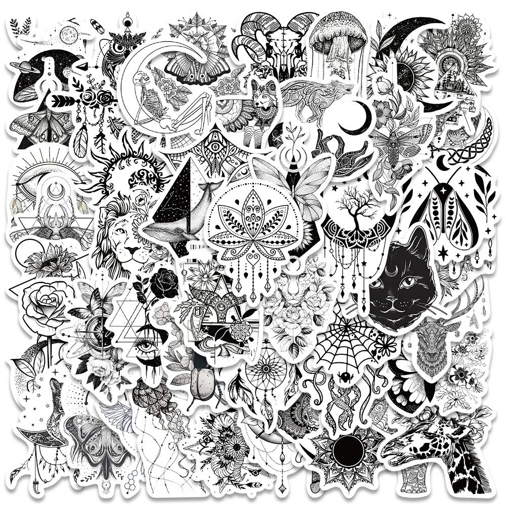 50pcs Black White Psychedelic Gothic Stickers Pack Stationery Laptop Phone Guitar Ipad Sticker DIY Scrapbooking Supplies