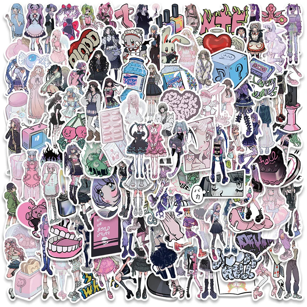 60PCS Y2K Gothic Lolita Pink Anime Stickers for Phone Laptop Car