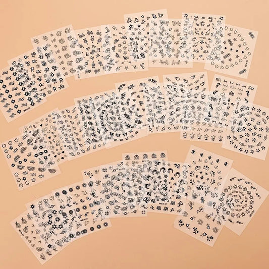 30pcs 3D Black Floral Diamond Nail Stickers Set