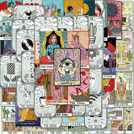 50pcs Cartoon Tarot Card Stickers for Laptop, Phone, Skateboard, Car, Graffiti Decals