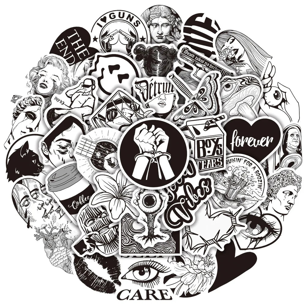 50pcs Black & White Art Stickers for Laptop & Guitar