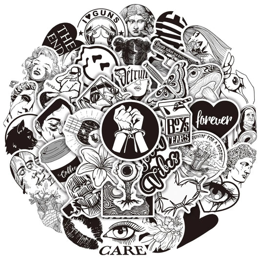 50pcs Black & White Art Stickers for Laptop & Guitar