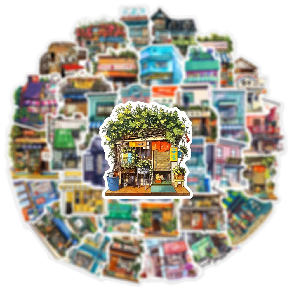 10/30/50PCS Japanese Store Stickers Aesthetic Flower House Cartoon Decals DIY Scrapbooking Stationery Phone Guitar Toys Sticker